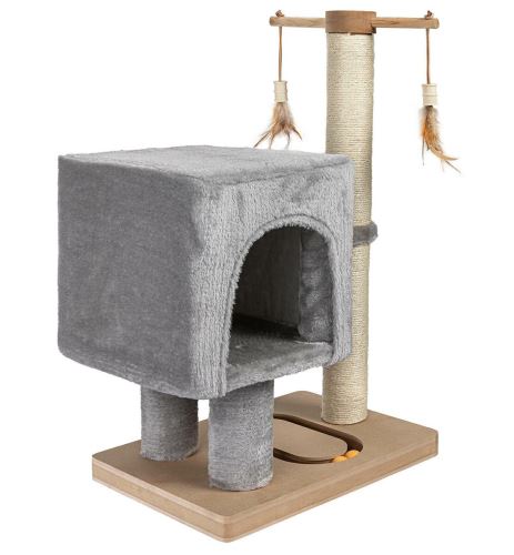 Škrabadlo pre mačky Cat Tree 64 cm s úkryt – MDF, sisal, plyš, svetlosivá