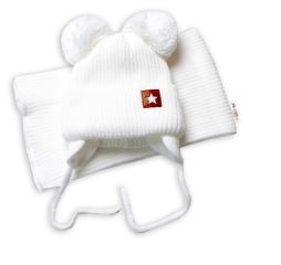 Dětská zimní čepice s šálou STAR - bílá s bambulkami Dětská zimní čepice s šálou STAR - bílá s bambulkami