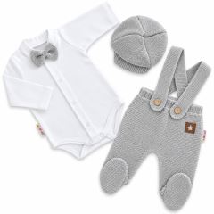 Pletená súprava Gentleman 3D, body, polodupačky s laclom, čiapočka, sivá