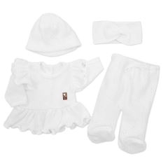 Pletená ažurková sada 4D, tunika, polodupačky, čepička + čelenka Kazum, bílá (7)