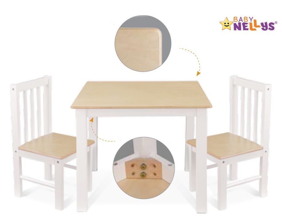 BABY NELLYS Detský nábytok - 3 ks, stôl s stoličkami - biela, B/07