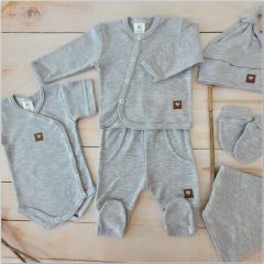 Sada do pôrodnice 6D, body, polodupačky, košieľka, čiapočka, rukavičky, šatka, sivá (6)