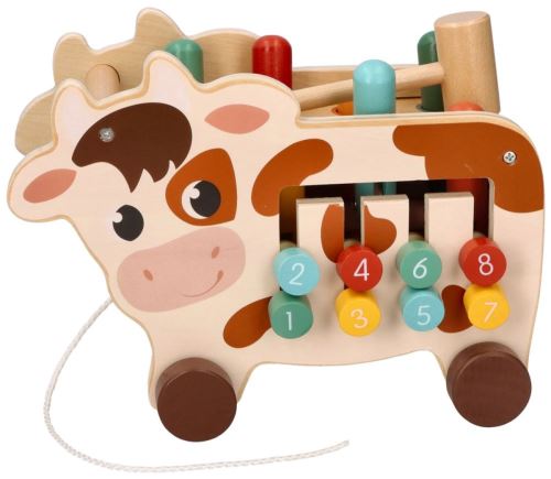 Montessori hračka - aktívna edukačná drevená, ťahacia Kravička, prírodná (1)
