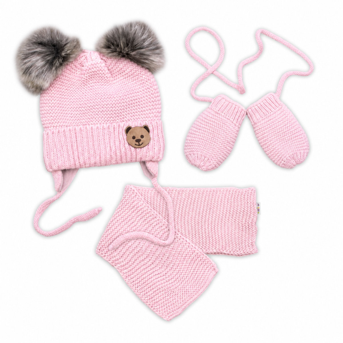 Detská sada, zimná čiapka so šálom + rukavičky 3D, Teddy Bear - sv. ružová