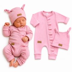 Detská súprava Nature Girl – rebrovaný overal s čiapočkou, 2D, 100 % bavlna, baby pink