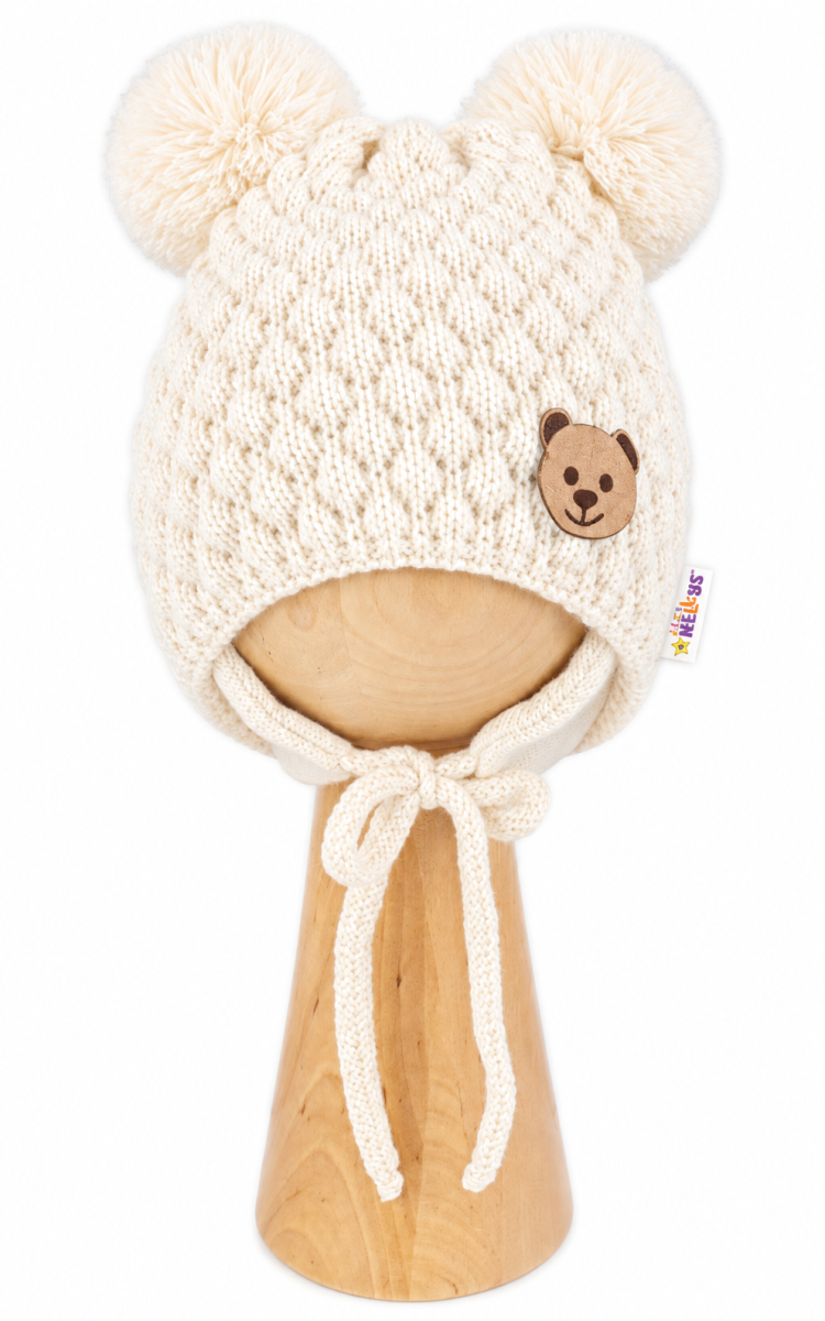 Zimná pletená čiapka Teddy Bear na zaväzovanie, ecru