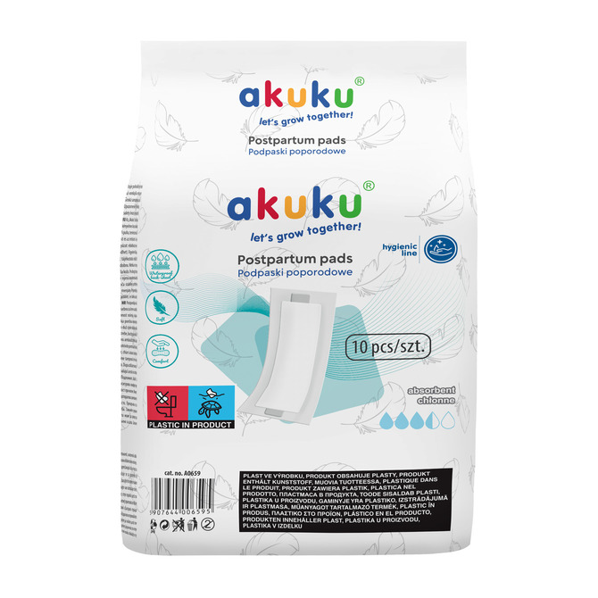 Popôrodné savé vložky Akuku, 10 ks – 14,5×36,5 cm