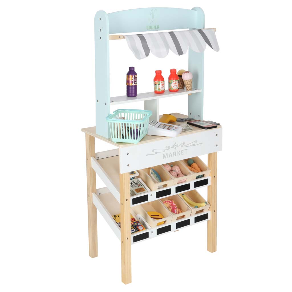 Drevený market stánok so supermarketom