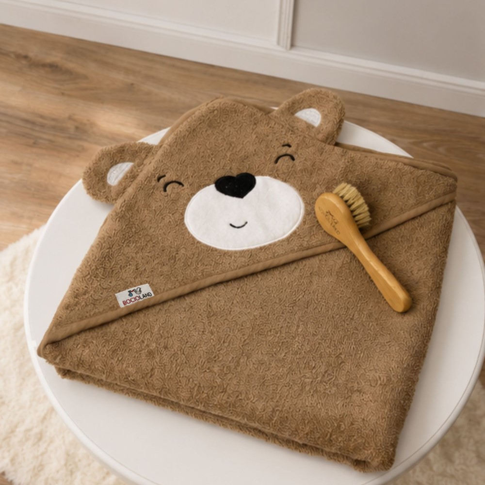 Detská osuška s kapucou 95×95 cm Teddy Bocioland – mäkká froté bavlna, 3D uši, hnedá
