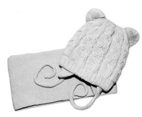 BABY NELLYS Zimná pletená čiapočka s šálom TEDDY - sivá s brmbolcami, vel. 62/68 BABY NELLYS Zimná pletená čiapočka s šálom TEDDY - sivá s brmbolcami, vel. 62/68