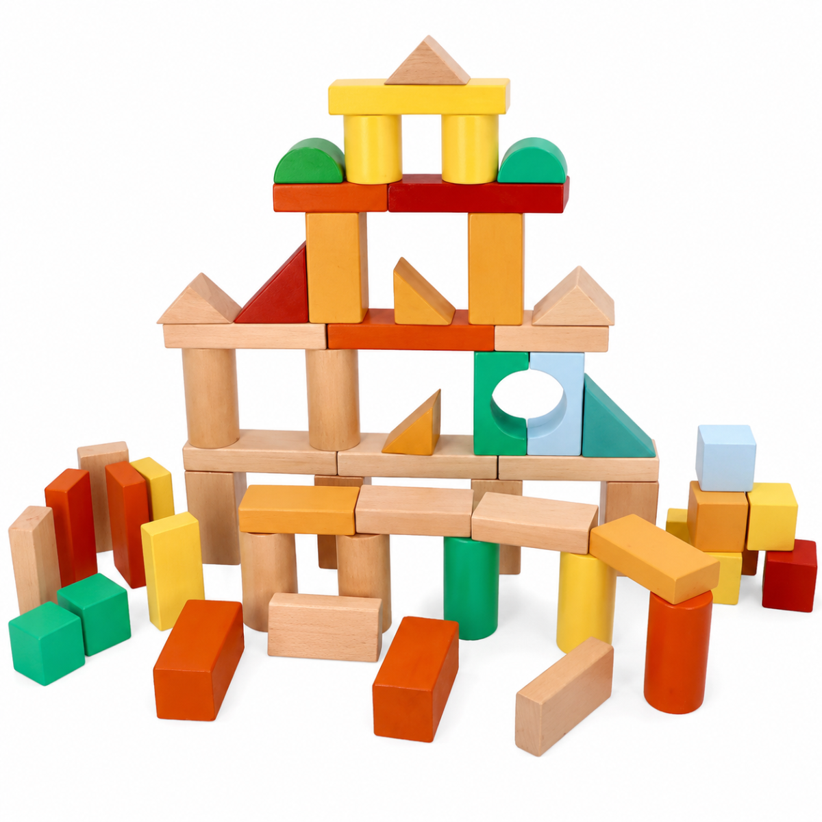 Drevené stavebné kocky Adam Toys 100 ks vo vedierku so sorterom – farebné kocky pre deti