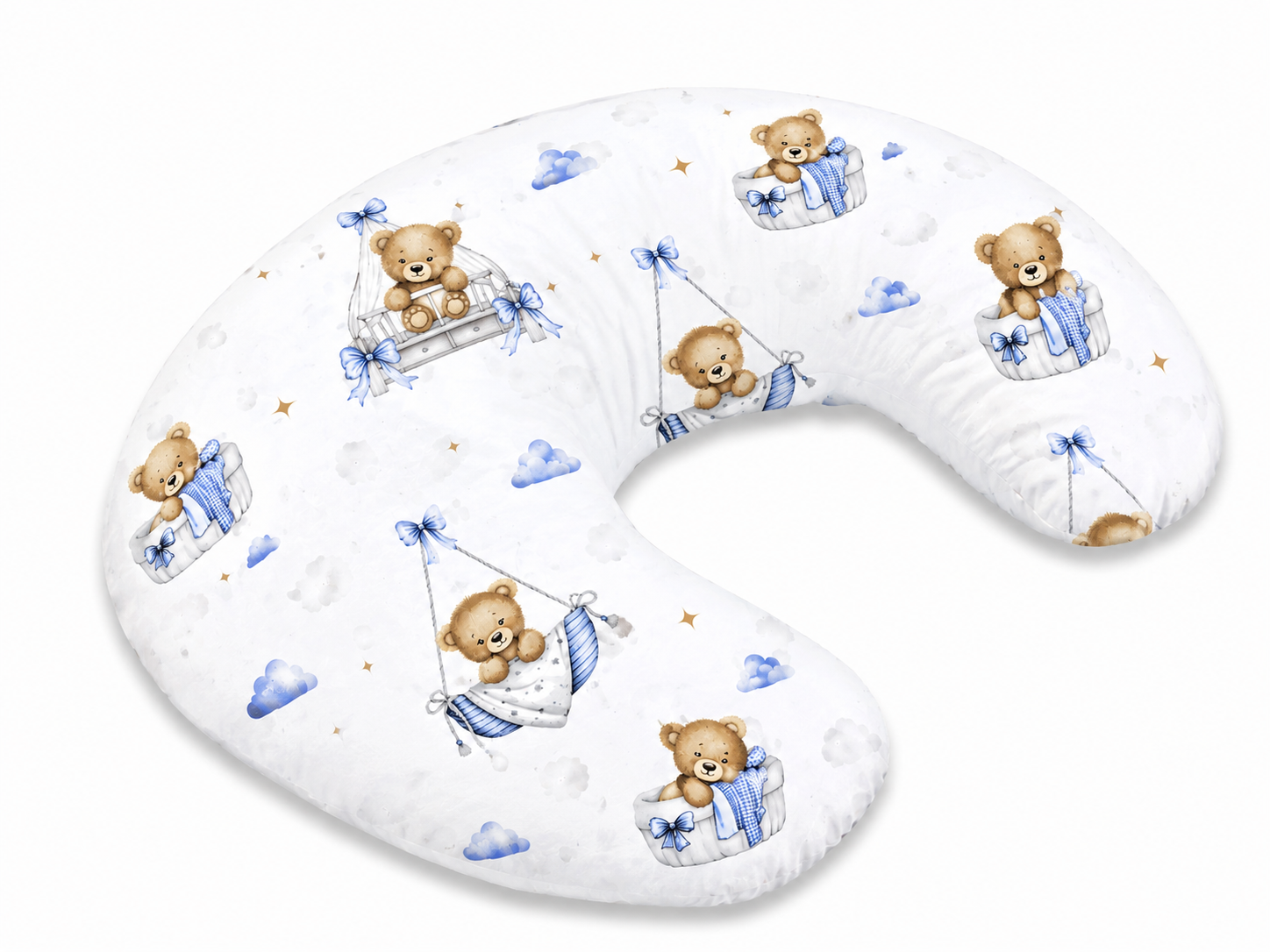 Dojčiace vankúš/podkova, bavlna, Medvedíky, modrý, ergonomický vankúš pre dojčenie