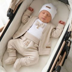 Bavlnená sada, body, nohavice, motýlik a čiapka Elegant Boy 5D, béžová/biela (2)