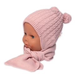 Zimní čepice na zavazování s bambulky + šál, Baby Nellys - pudrově růžová (1)