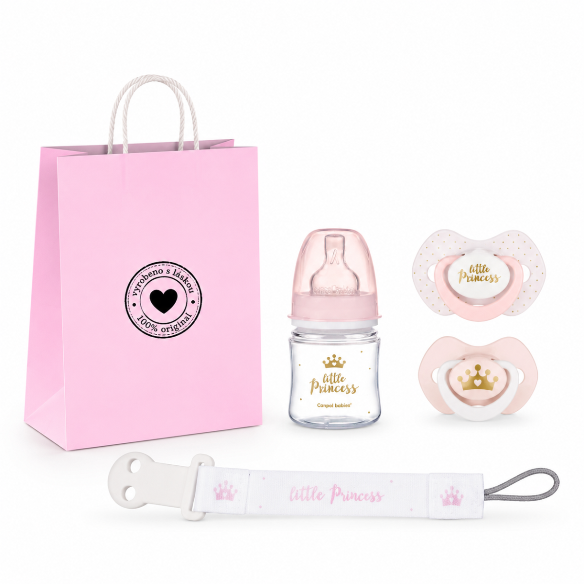 Darčeková sada Little Princess Canpol Babies 0-6m, fľaštička, cumlíky, retiazka + taška
