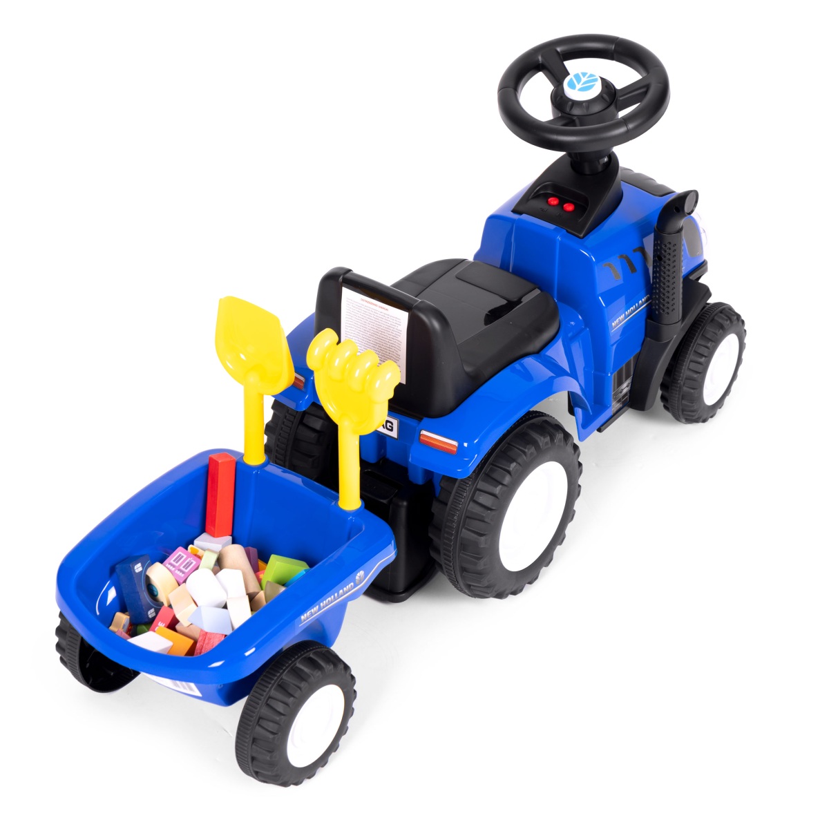 Detské odrážadlo traktor s prívesom, interaktívny volant a zvuky, modrý