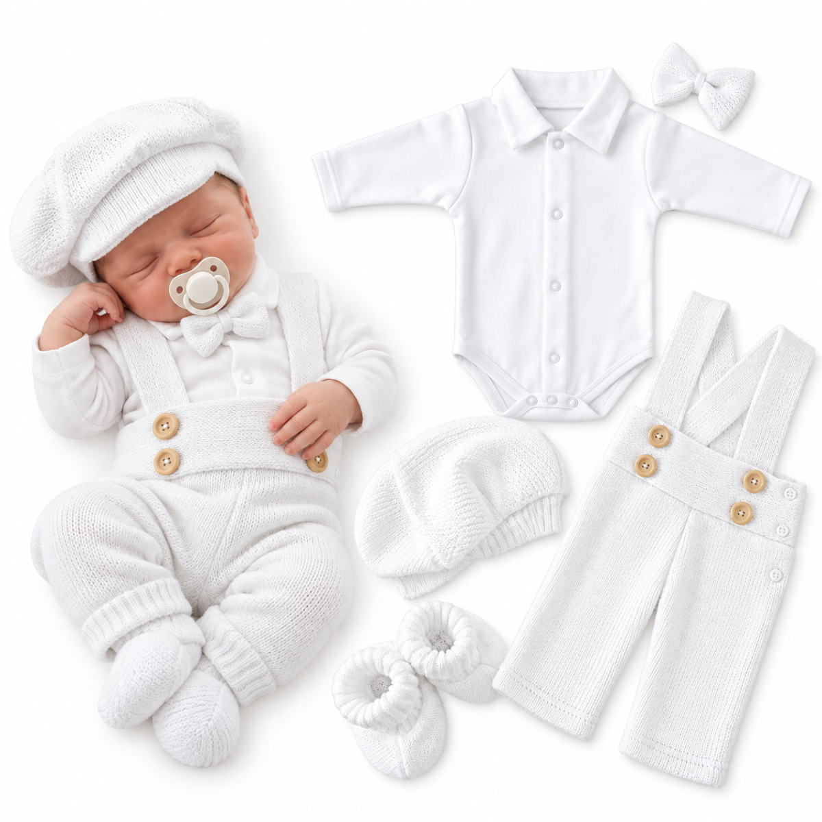Z&Z 5-dielna pletená sada Boy, body, nohavice, čiapočka motýlik, topánočky, biela