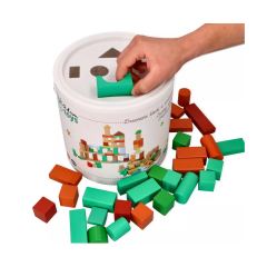 Drevené stavebné kocky Adam Toys 100 ks vo vedierku so sorterom – farebné kocky pre deti (3)