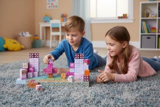 Magnetické stavebné kocky pre deti, kockové tvary, 140 dielikov, ružové (7)