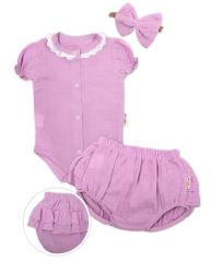 Baby Nellys 3-dílná mušelínová soupravička, body, kraťasky + čelenka GIRL, lila