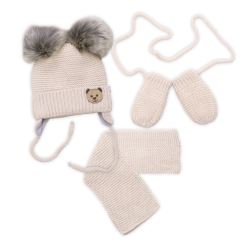 Detská sada, zimná čiapka so šálom + rukavičky 3D, Teddy Bear - béžová (6)