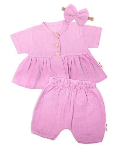 Baby Nellys 3-dílná mušelínová soupravička, tunika/halenka, kraťasky, čelenka, růžová (1)