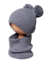 BABY NELLYS Zimná pletená čiapka + nákrčník - sivá s brmbolcami (3)