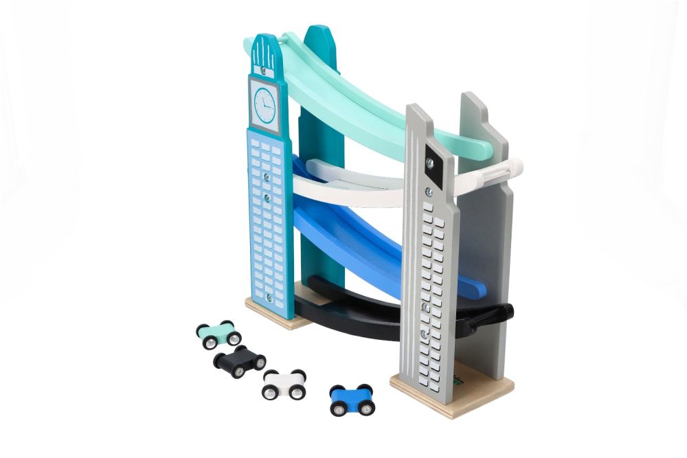 Drevený mrakodrap so šmykľavkou pre autíčka, Adam Toys
