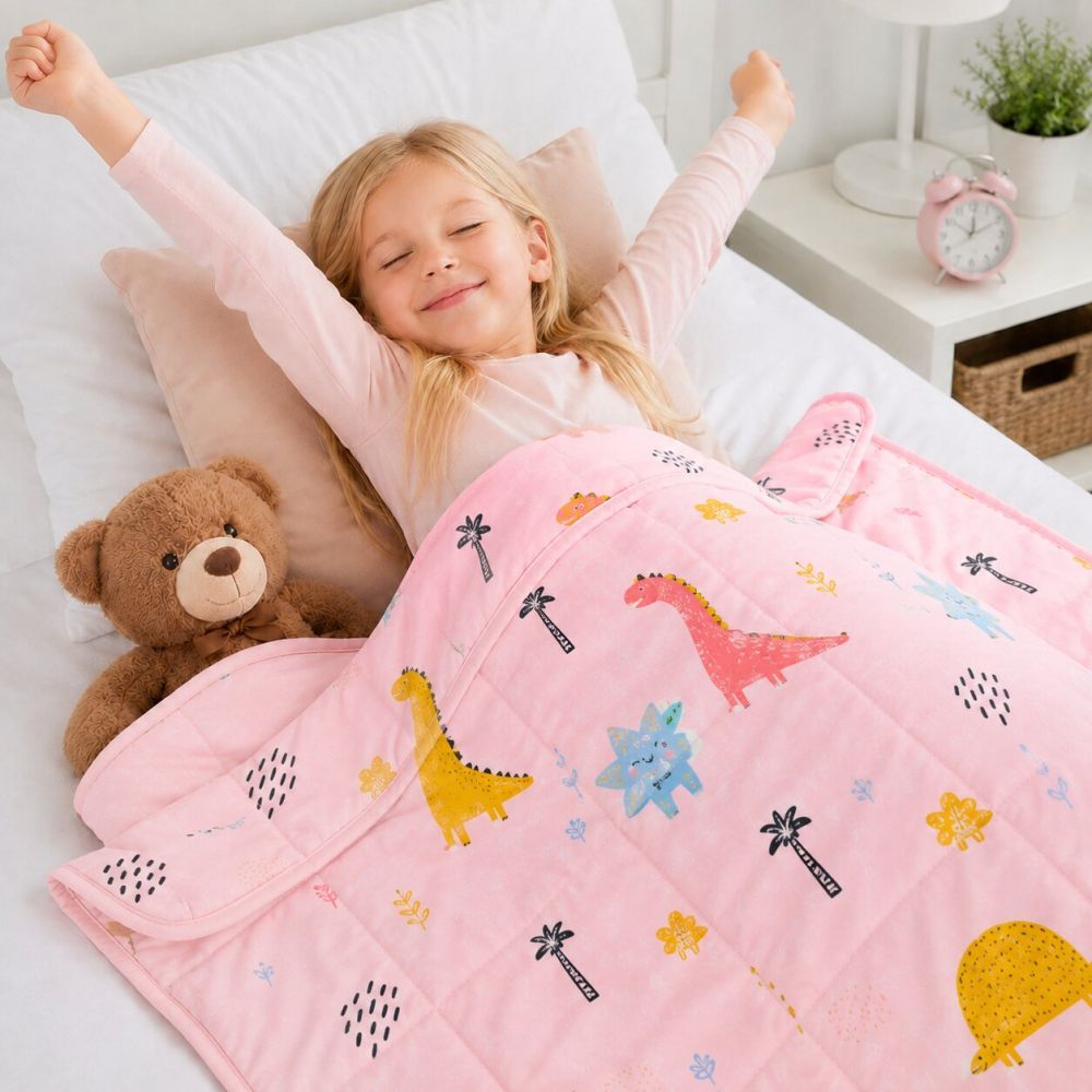 Záťažová deka TULLO Fizjo 3 kg, 100 × 150 cm, ružová s dinosaurami