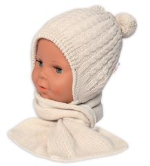 Zimní čepice na zavazování s bambulky + šál, Baby Nellys - béžová (2)