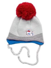 Dvojvrstvová čiapka s brmbolcom na zaväzovanie + šatka Mačička, šedá, 40-42cm (1)