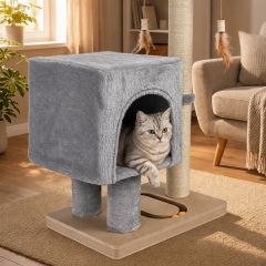 Škrabadlo pre mačky Cat Tree 64 cm s úkryt – MDF, sisal, plyš, svetlosivá (6)