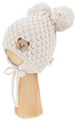 Zimní pletená čepice Teddy Bear na zavazování, ecru, béžová, Baby Nellys (1)