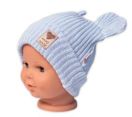 Pletená bavlněná čepice s oušky, dvouvrstvá, Hand Made Baby Nellys, modrá (1)