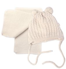 Zimní čepice na zavazování s bambulky + šál, Baby Nellys - béžová (1)