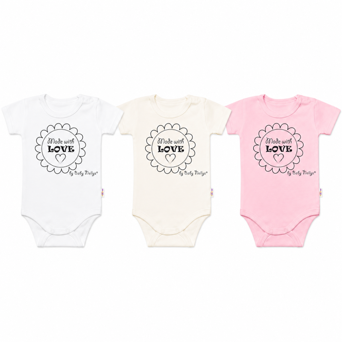 Komplet 3x body Made with love GIRL Baby Nellys, veľ. 62, biela, ecru, sv. ružová