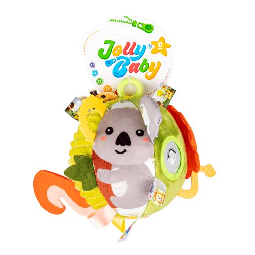 Jollybaby Senzorická plyšová loptička Divočina s hrkálkou, zrkadielkom a hryzátkom 0m+