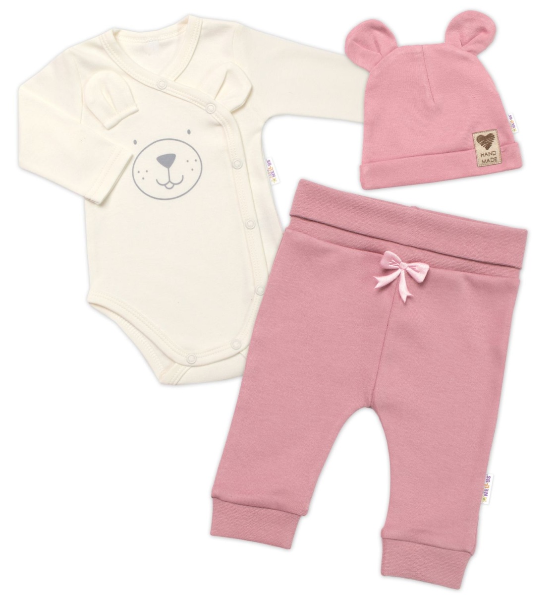 Zavinovacie body dl.rukáv, tepláčky a čiapočka Little Bear, Baby Nellys, púdrová, veľ. 68