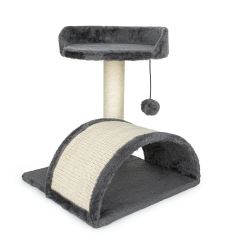 Škrabadlo pre mačky s úkrytom a guličkou na šnúrke 42 cm – MDF, sisal, tmavo sivá (1)