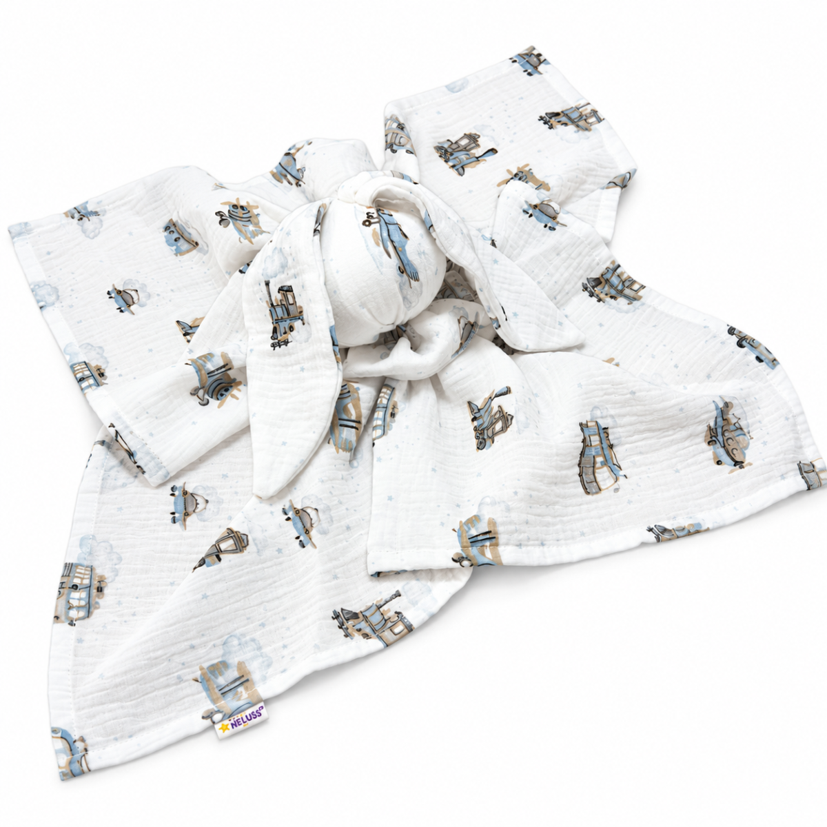 Mušelínová plienka, maznáčik, prítulníček Baby Nellys Bunny, Vláčički, modré, ecru