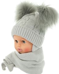 BABY NELLYS Zimná čiapočka s šálom - chlupáčkové bambuľky - sivá
