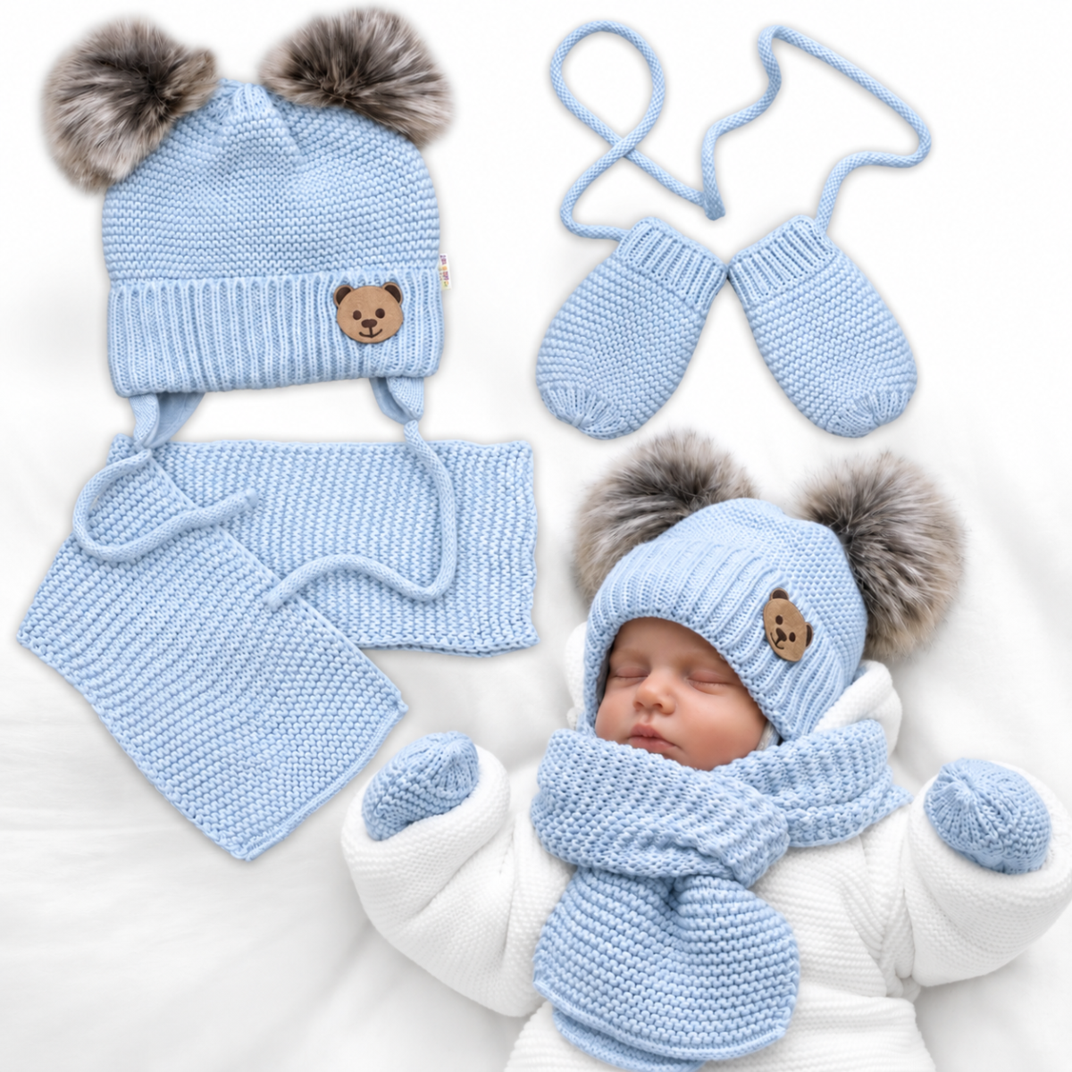 Detská sada, zimná čiapka so šálom + rukavičky 3D, Teddy Bear - sv. modrá