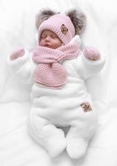 Detská sada, zimná čiapka so šálom + rukavičky 3D, Teddy Bear - pudrovo ružová (4)