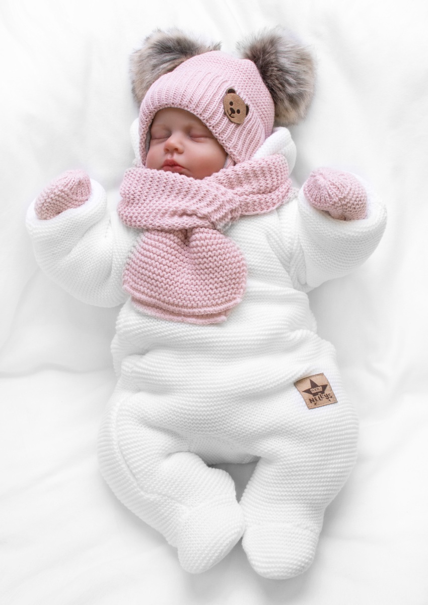 Detská sada, zimná čiapka so šálom + rukavičky 3D, Teddy Bear - pudrovo ružová