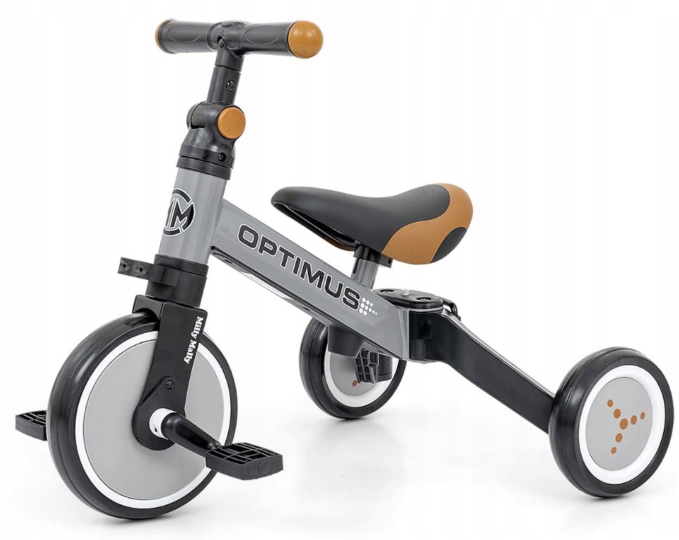 Balančná trojkolka, bicykel, odrážadlo a vodiaca tyč, Optimus Plus 4 v 1, sivá