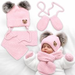 Detská sada, zimná čiapka so šálom + rukavičky 3D, Teddy Bear - sv. ružová (1)