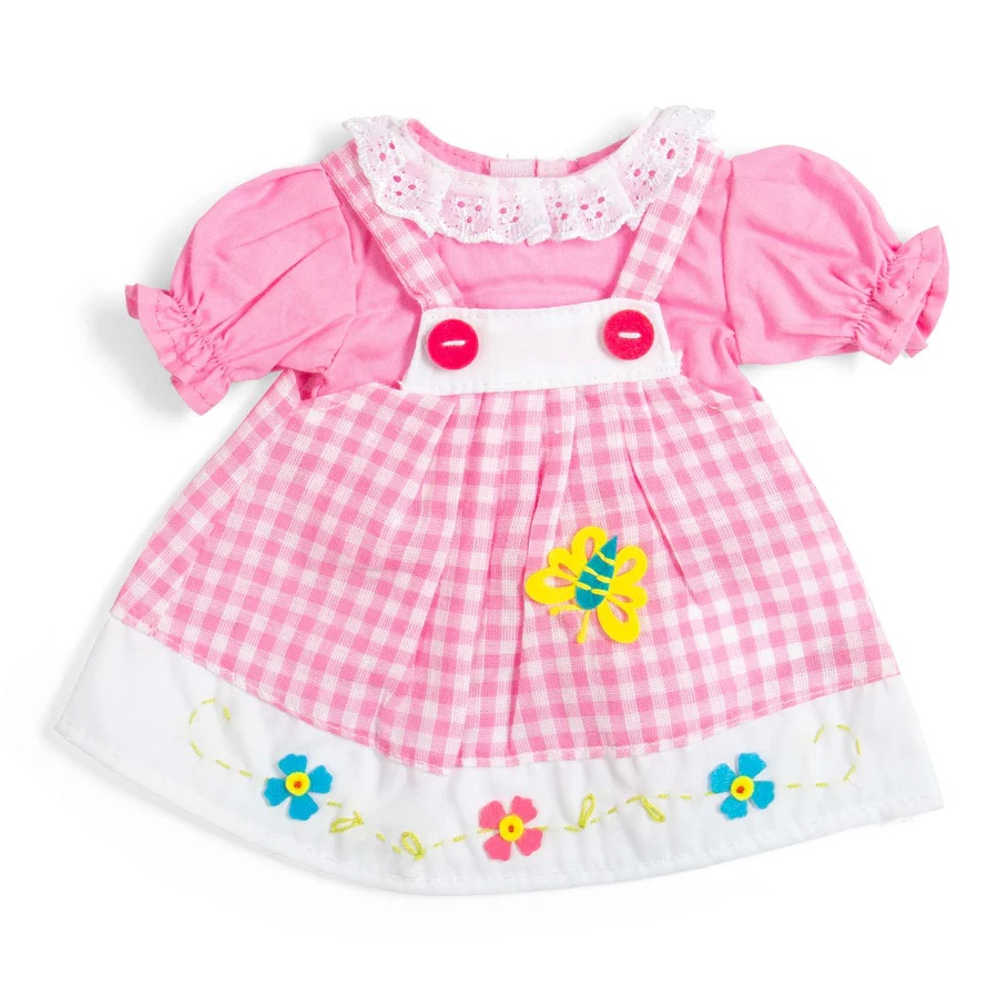 Bigjigs Toys Ružové kockované šaty s podbradníkom pre bábiku 34 cm