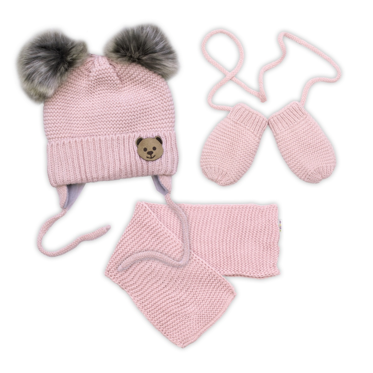 Detská sada, zimná čiapka so šálom + rukavičky 3D, Teddy Bear - pudrovo ružová