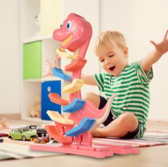 Veselá hrajúca autodráha/šmykľavka Dino Tulimi + 6 autíčok, oranžová (6)