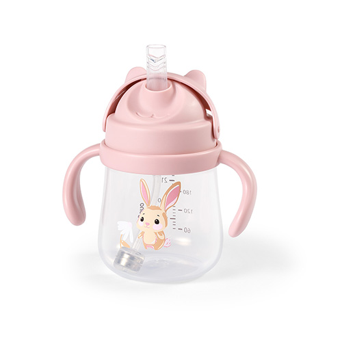 BabyOno Nevylievací hrnček so záťažovou slamkou 240 ml, ružový, Zajačik